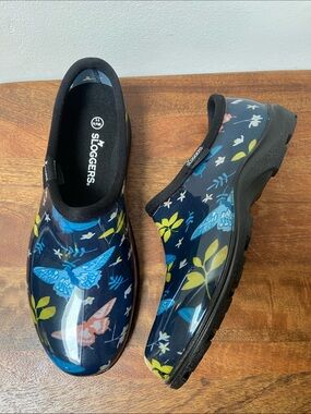 Sloggers Floral Butterfly Slip-On Clogs - Navy with Blue, Yellow & Coral Accents